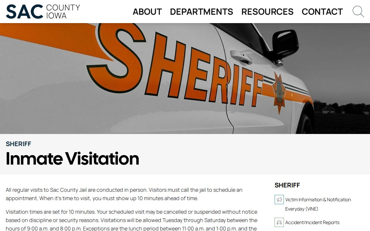 Sac County arrest custody and jail visitation rules