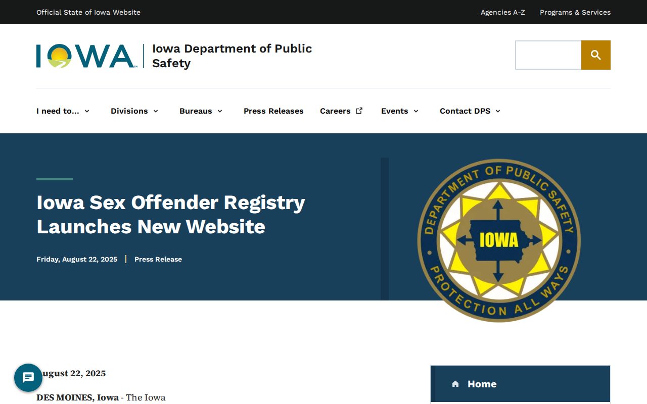 Iowa Department of Public Safety announcement for the redesigned sex offender registry