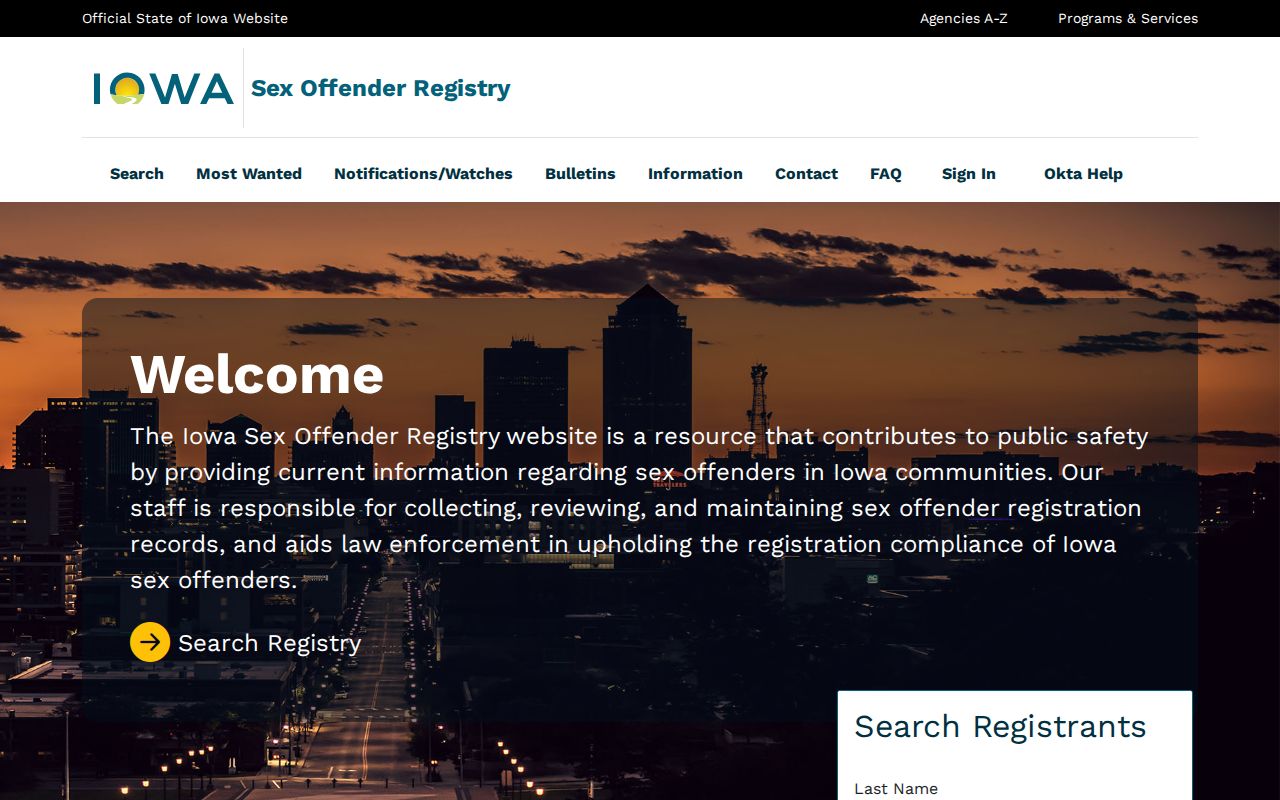 Official Iowa Sex Offender Registry search landing page